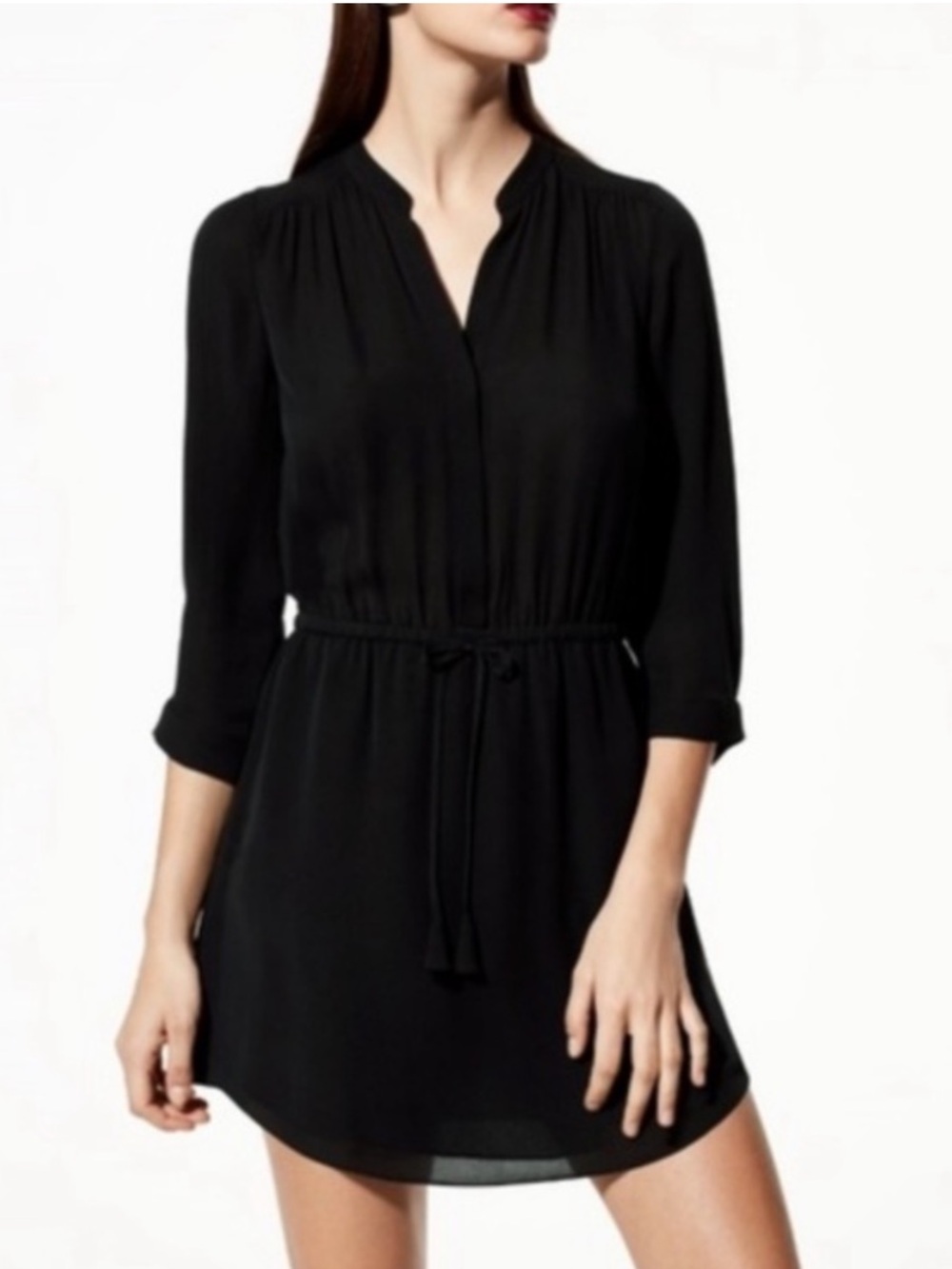 Babaton 100% Silk Black Shirt Dress Tie Waist 3/4 Sleeve Small Bohemian Classy